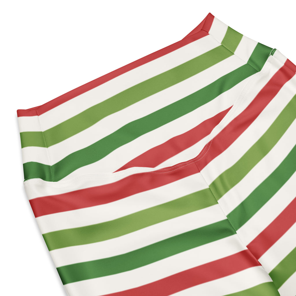 Women’s high waist flare legging pants in red and green stripes with smooth stretchy fabric