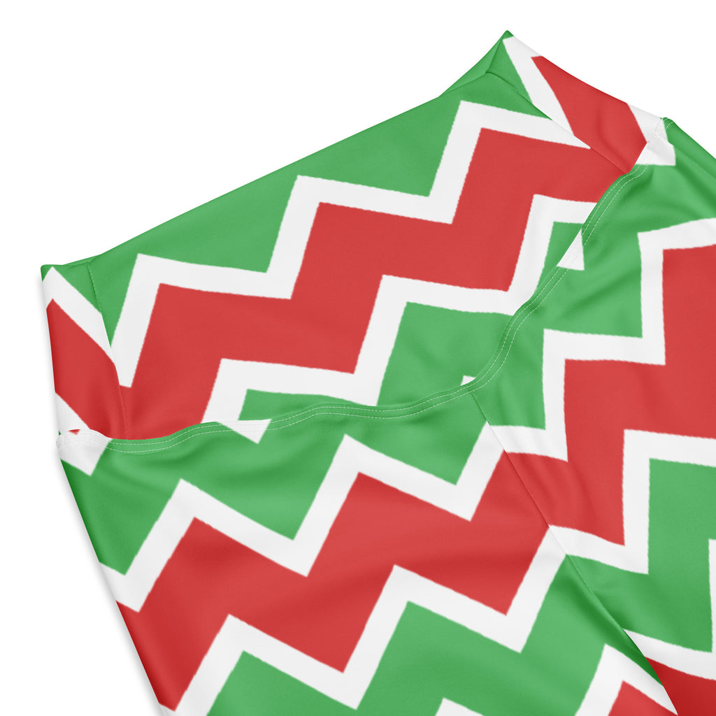 Women’s christmas chevron high waist flare leggings in red and green zigzag pattern with white trim
