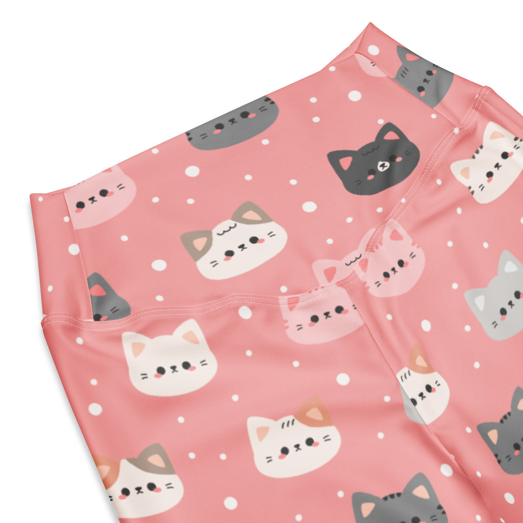 Women’s cute pink high waist flare leggings with playful white gray black cartoon cat faces and dotted accents