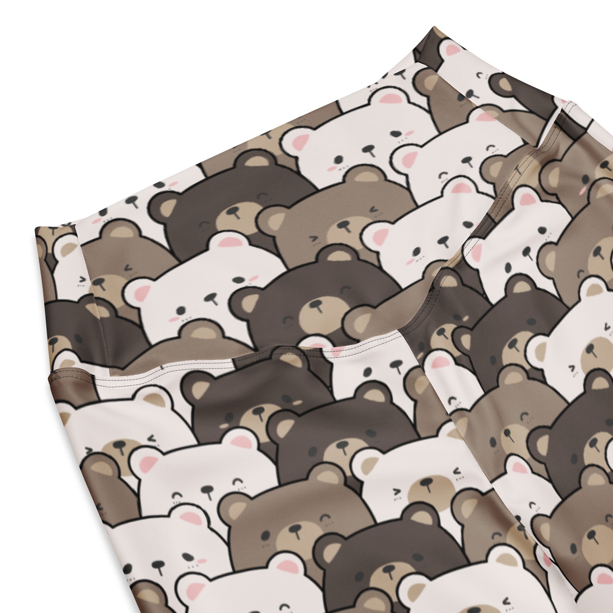 Women’s cute bear print high waist flare leggings with stretchy fabric and playful cartoon bear pattern in brown and white
