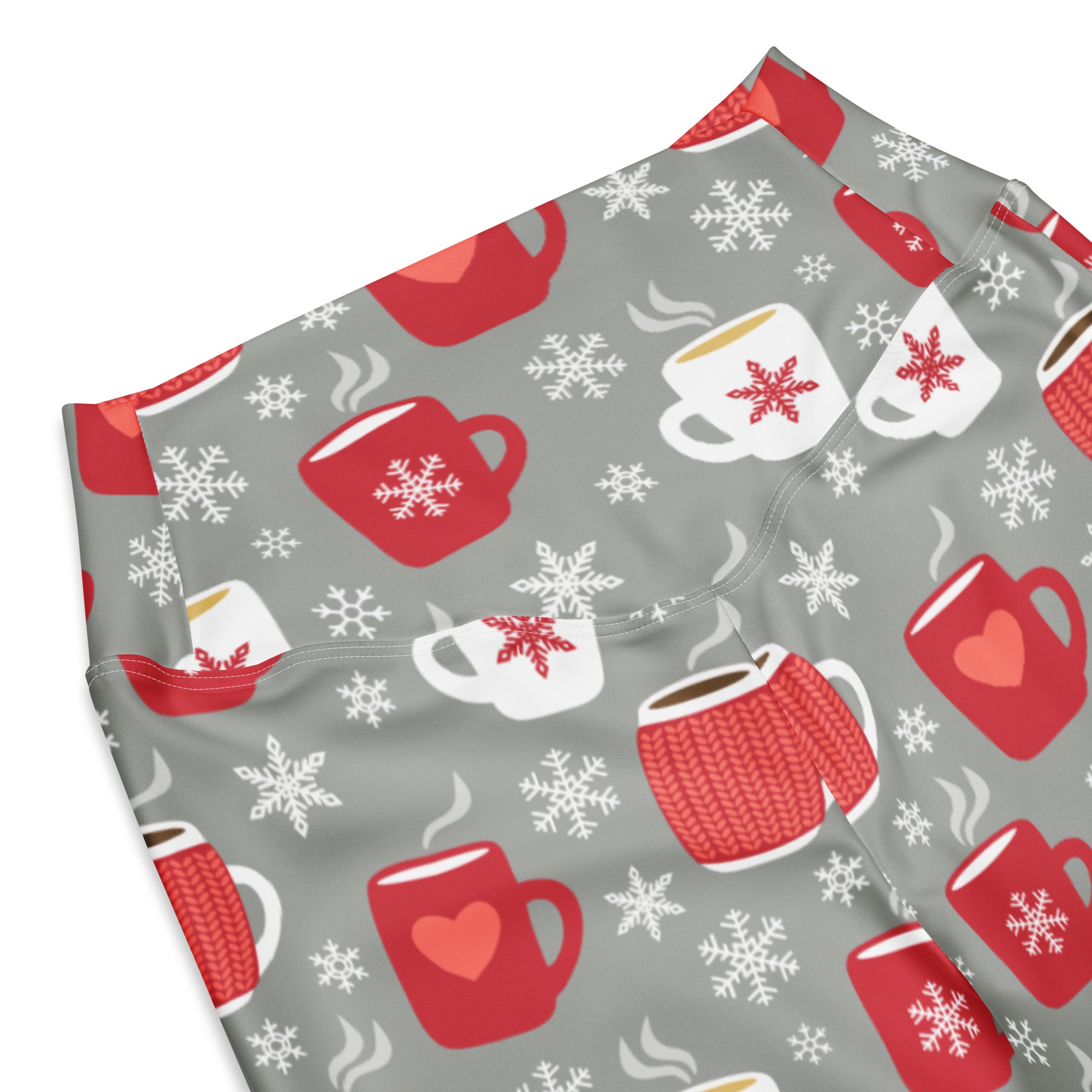 Women’s gray high waist flare leggings with festive red and white mug snowflake heart pattern for christmas wear