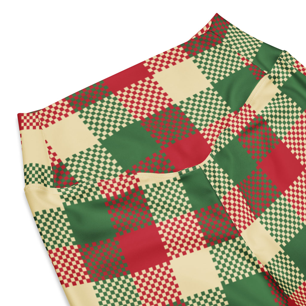 Women’s christmas plaid high waist flare leggings in red green and cream pixelated checkered pattern