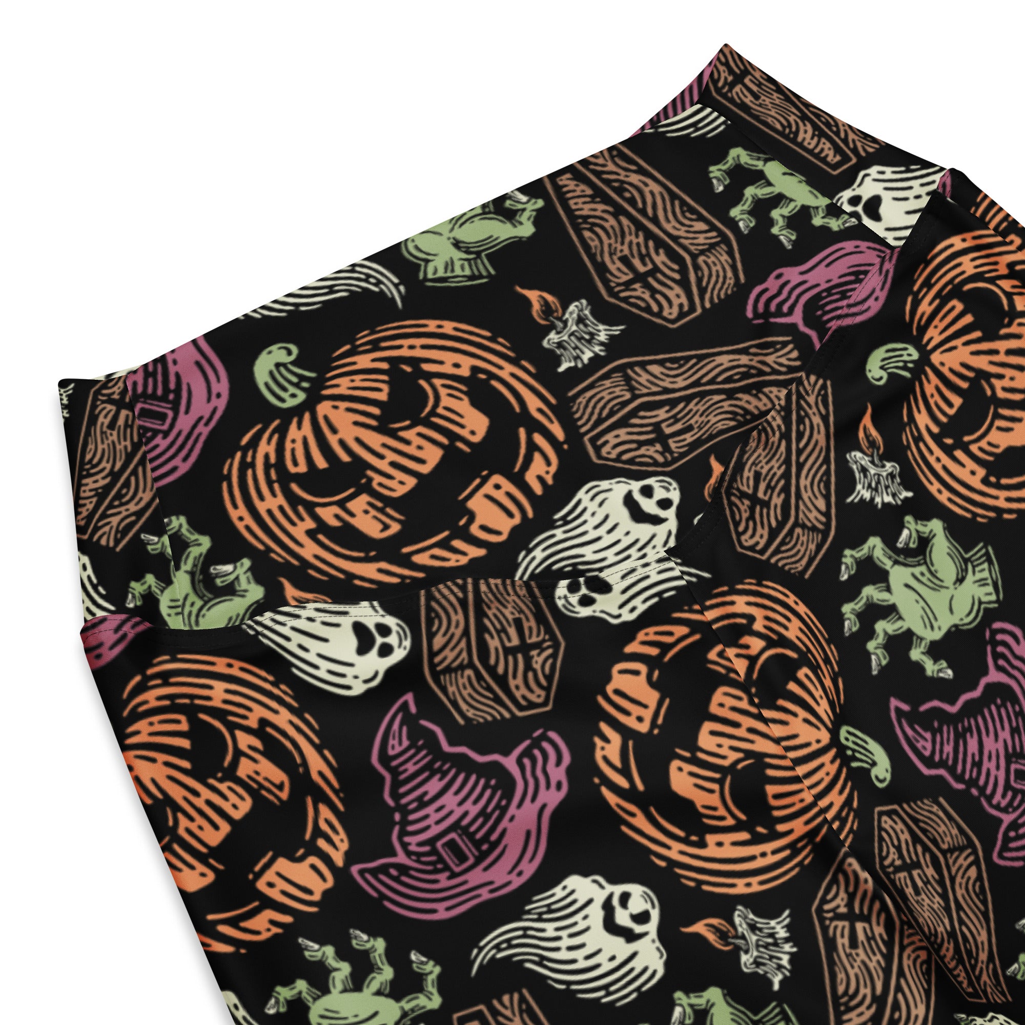 Women’s creepy halloween high waist flare legging pants in black fabric with vibrant orange pumpkins white ghosts green ghouls and purple witch hats