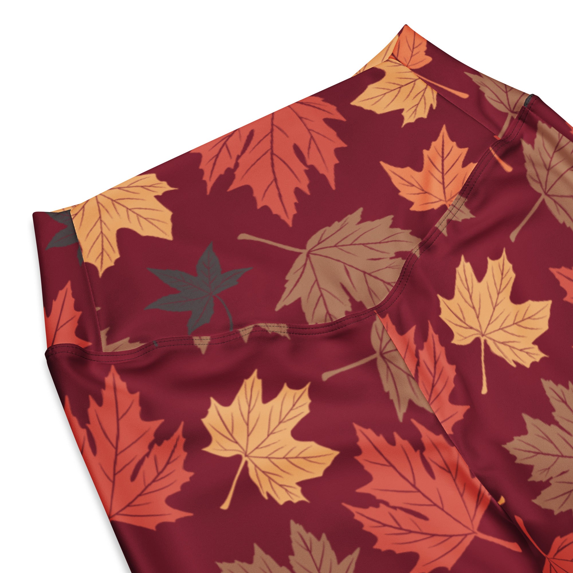 Women’s autumn leaves high waist flare leggings in maroon with vibrant orange yellow and brown leaf pattern