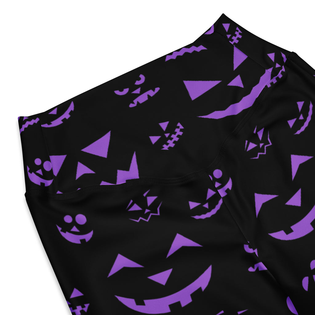 Women’s black leggings with vibrant purple jack-o-lantern pattern high waist flare halloween pants