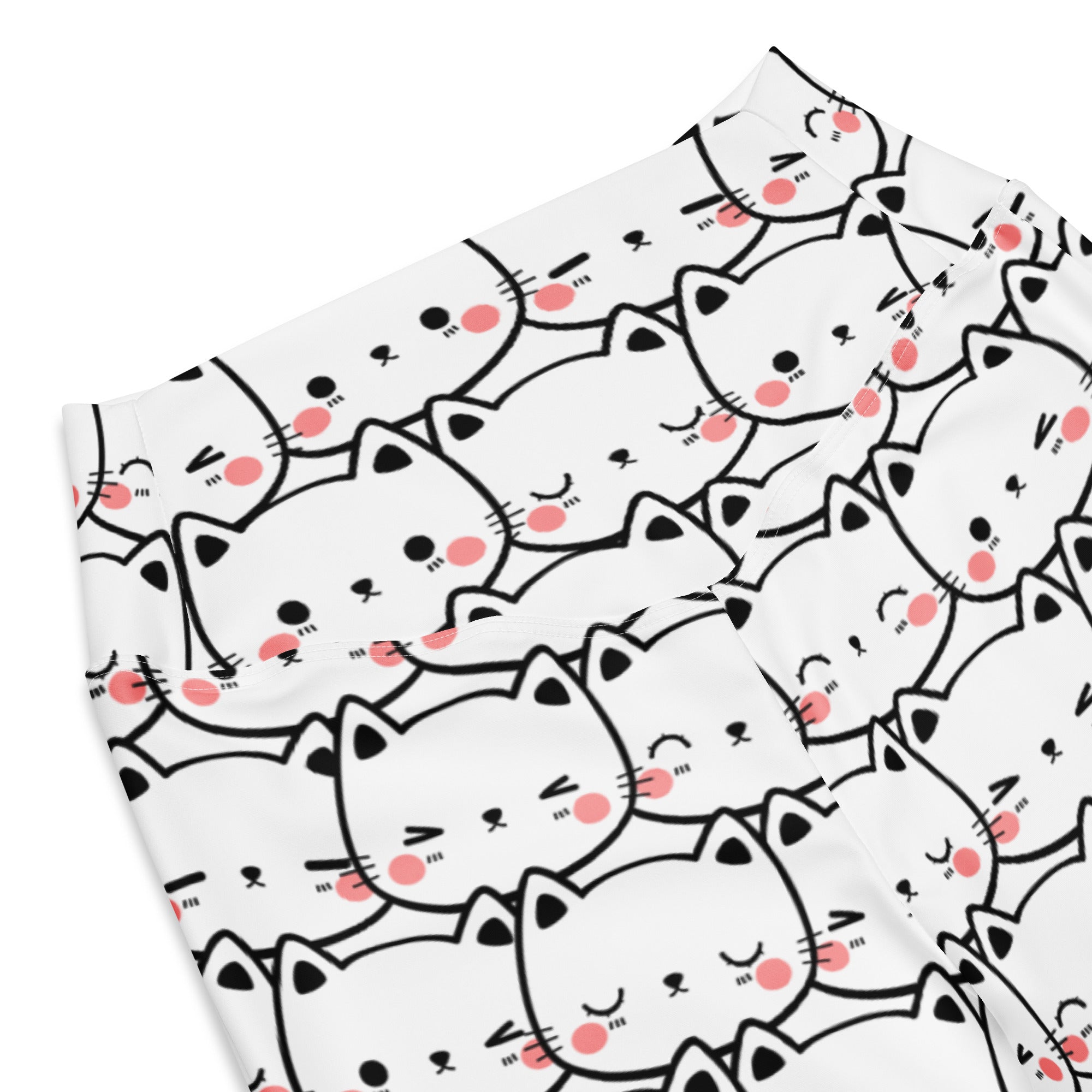 Women’s white high waist flare leggings with black outlined cartoon cats and pink blush cheeks pattern