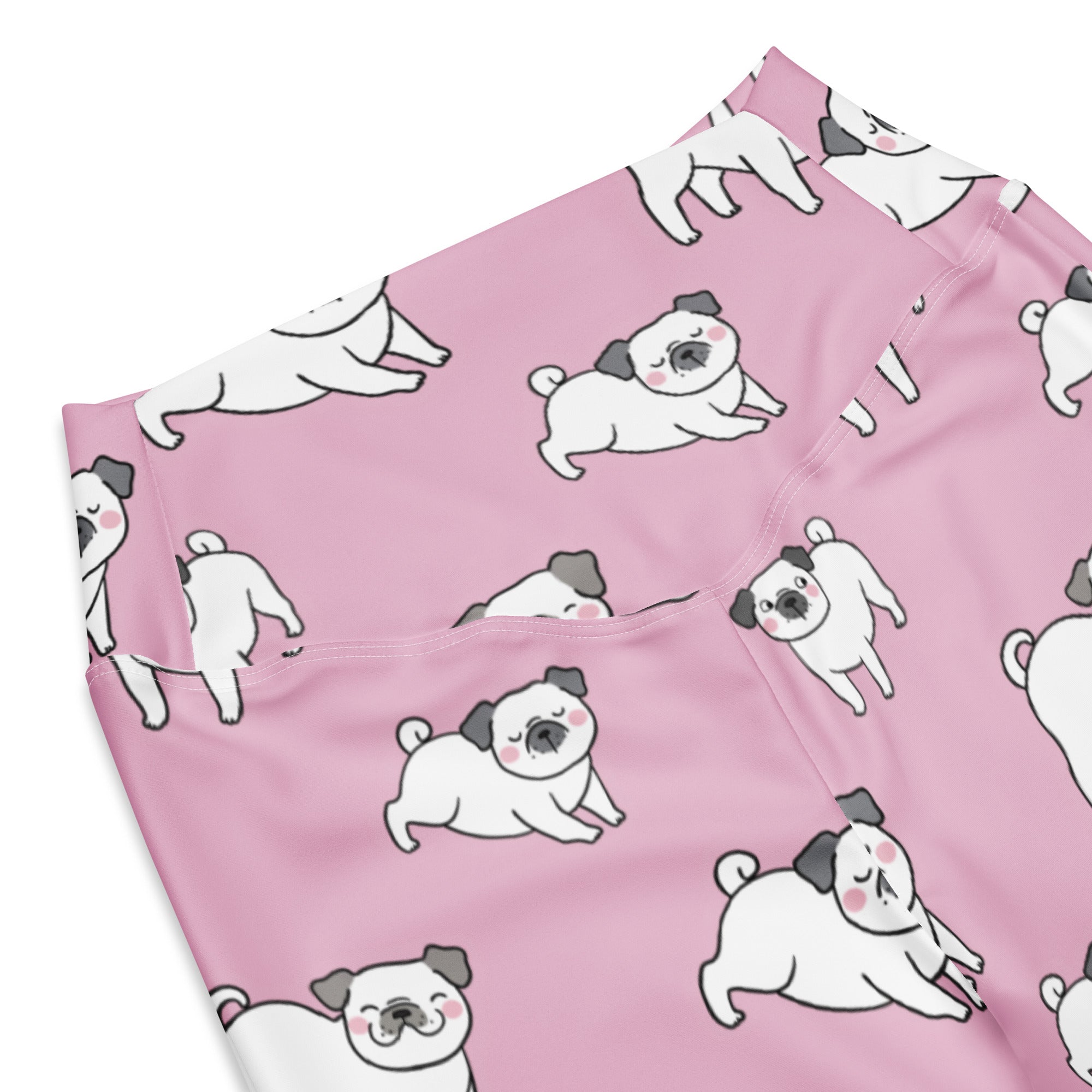 Women’s pink high waist flare legging pants with repeating white and gray cartoon pug dog pattern on fabric