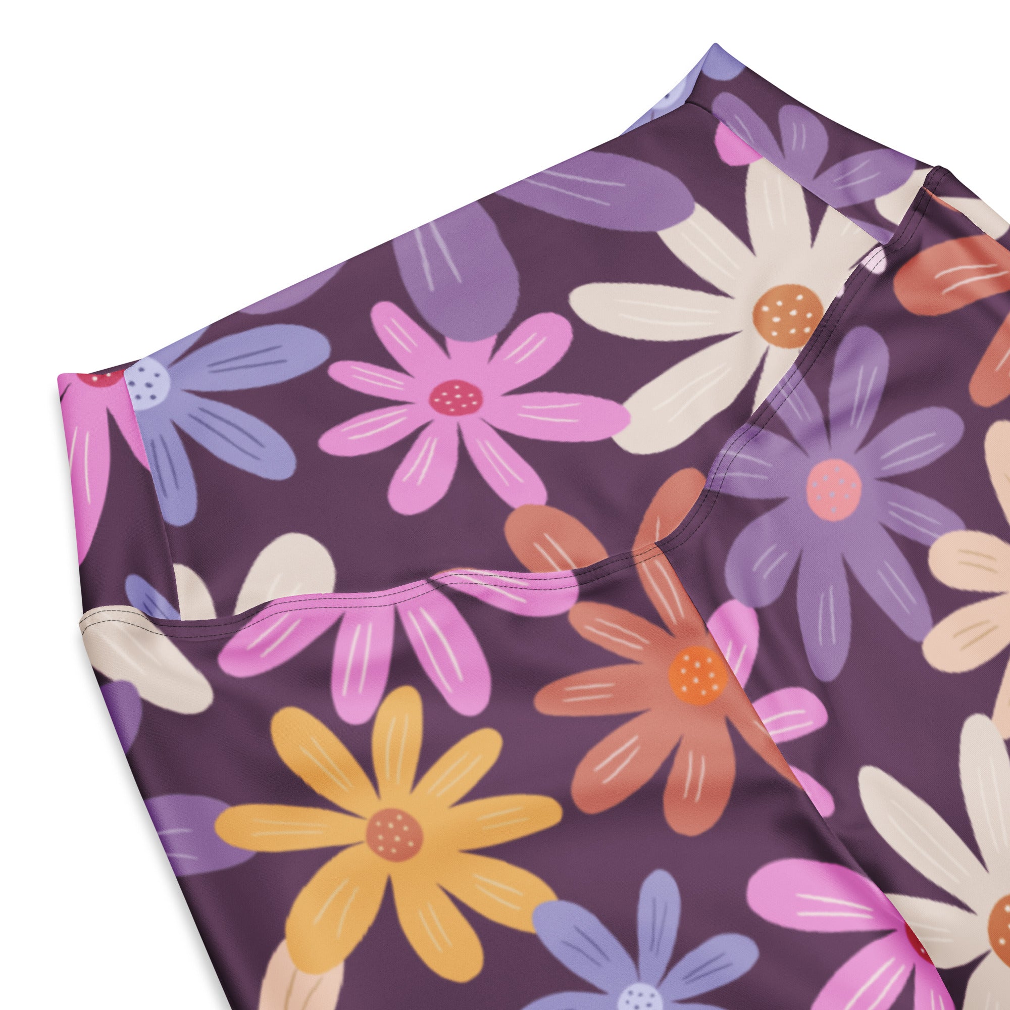 Women’s retro purple high waist flare leggings with vibrant cartoon-style pink white yellow and blue daisy floral pattern