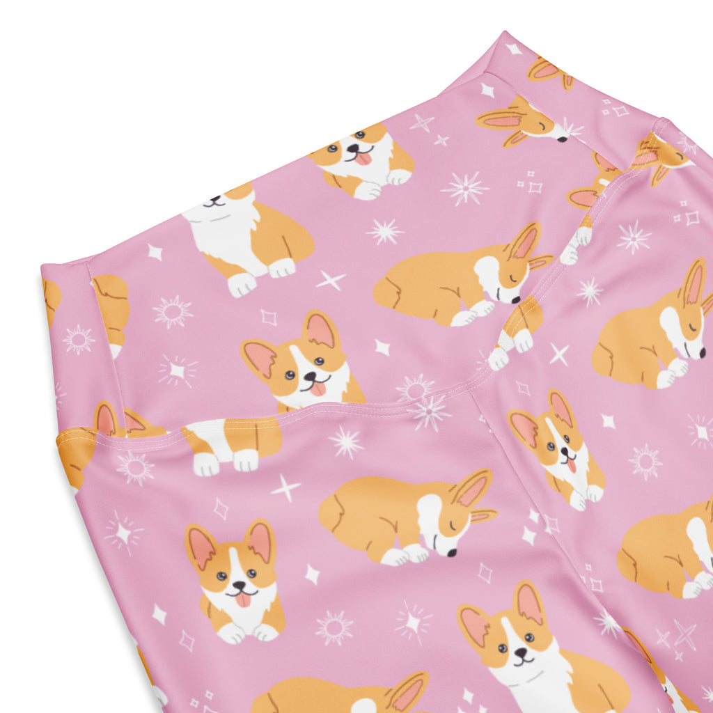 Women’s pink corgi dog high waist flare leggings with tan and white cartoon corgi and starburst pattern