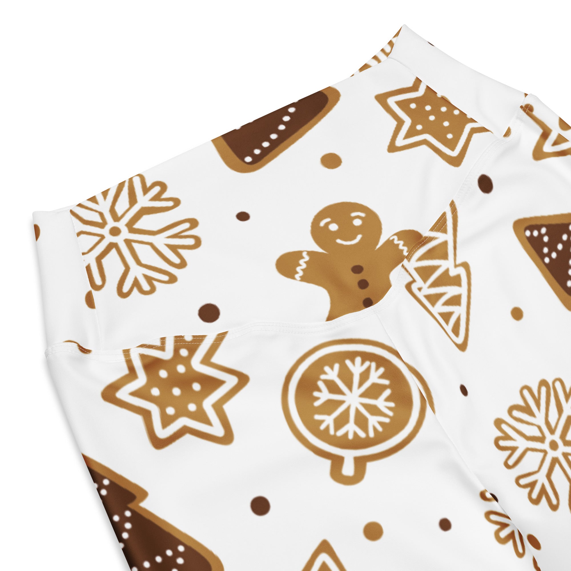 Women’s gingerbread cookies christmas high waist flare leggings in white fabric with festive brown and tan cookie patterns