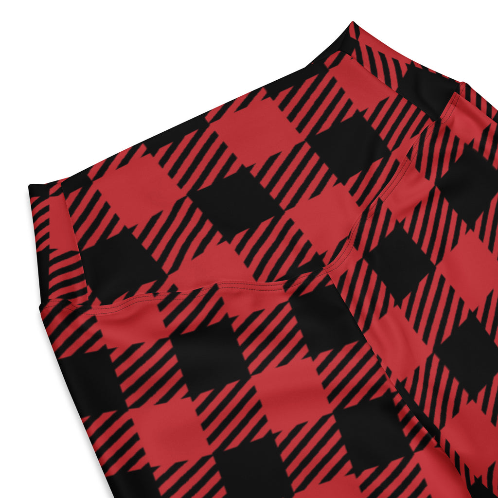 Women’s red buffalo plaid high waist flare leggings featuring a red and black plaid pattern made from stretch fabric