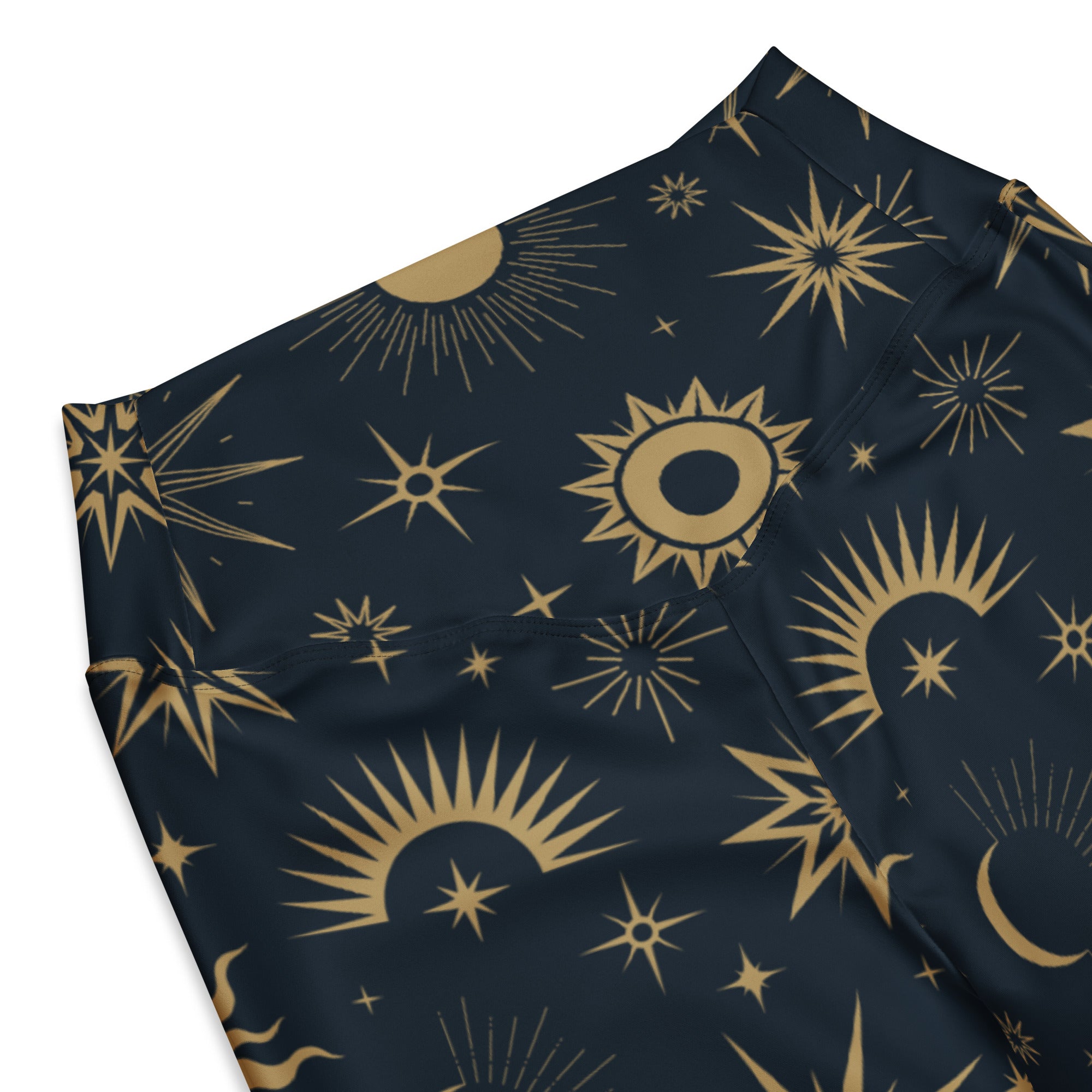 Dark blue women’s high waist flare legging pants with gold celestial sun moon and star pattern