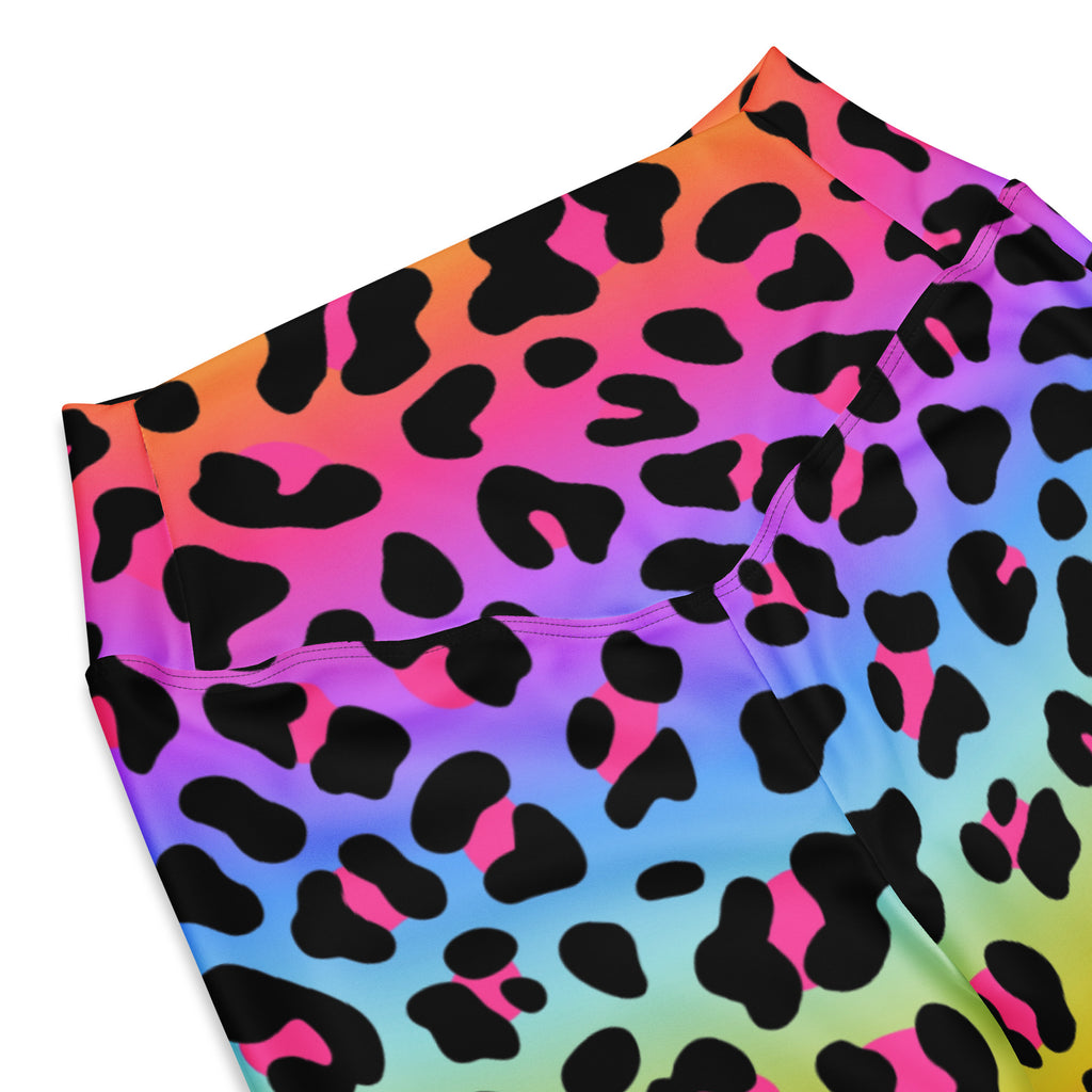 Women’s rainbow leopard high waist flare leggings featuring vibrant gradient colors and bold black spots