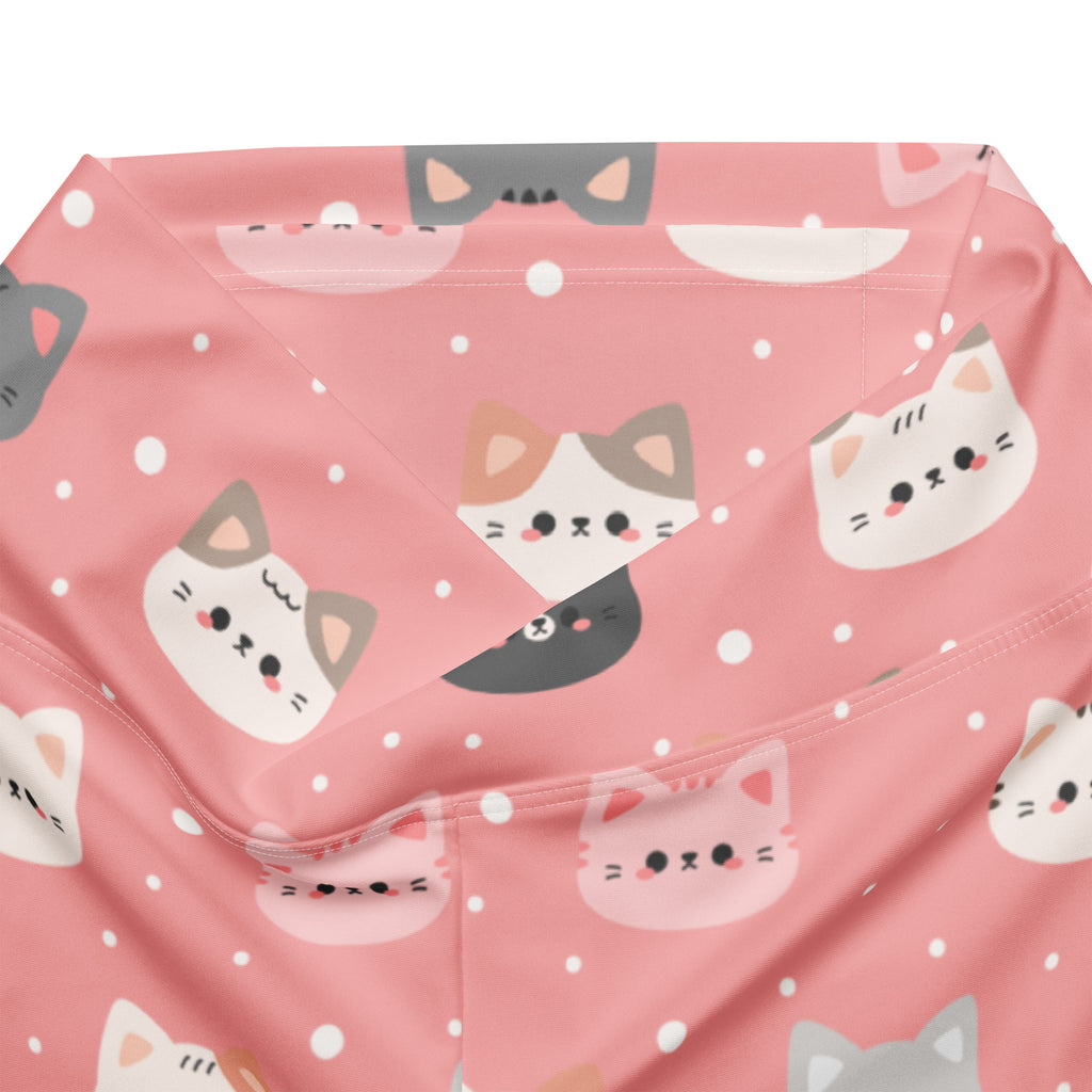 Women’s cute pink cat faces high waist flare legging pants with playful cartoon cat pattern on pink waterproof fabric