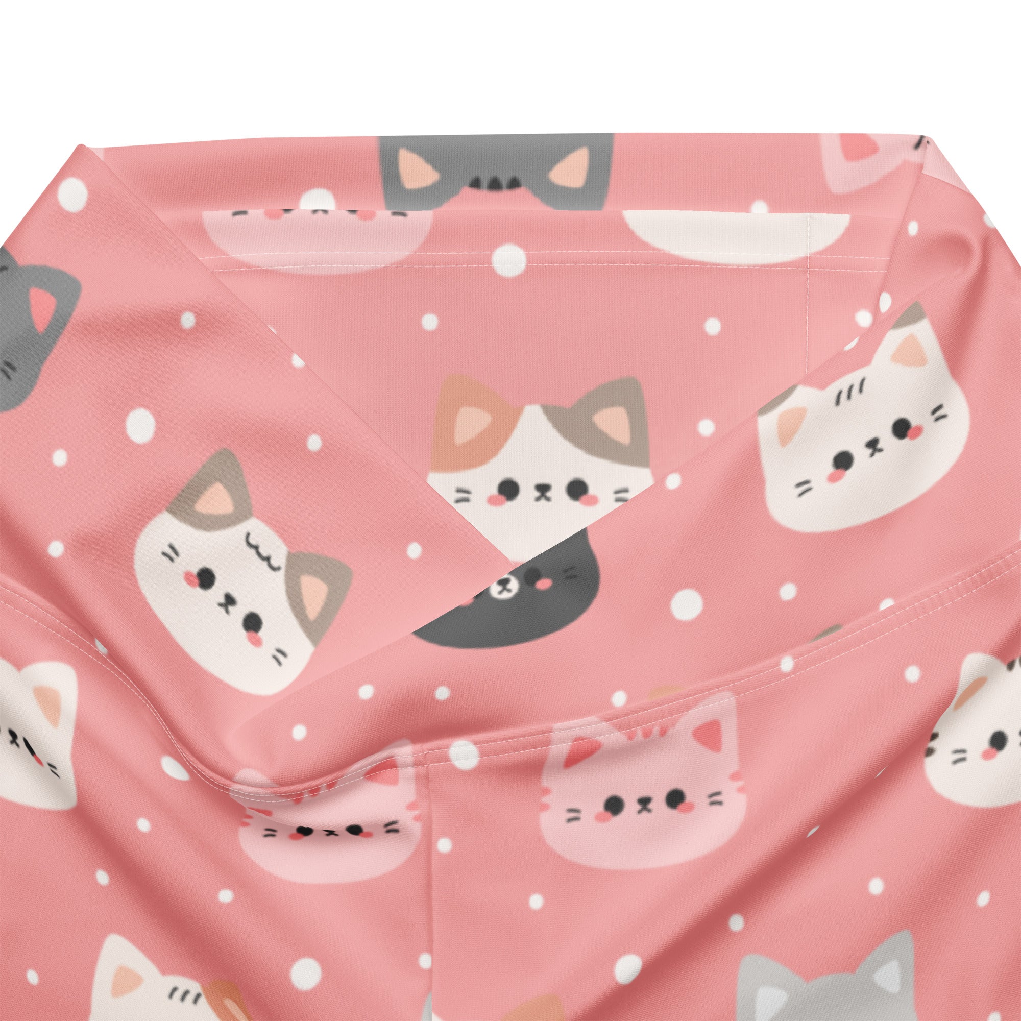 Women’s cute pink cat faces high waist flare legging pants with playful cartoon cat pattern on pink waterproof fabric