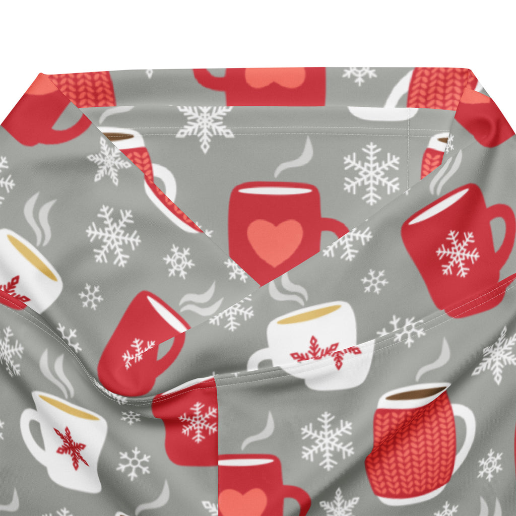 Women’s hot cocoa christmas high waist flare legging pants in gray fabric with red and white mug pattern and snowflakes