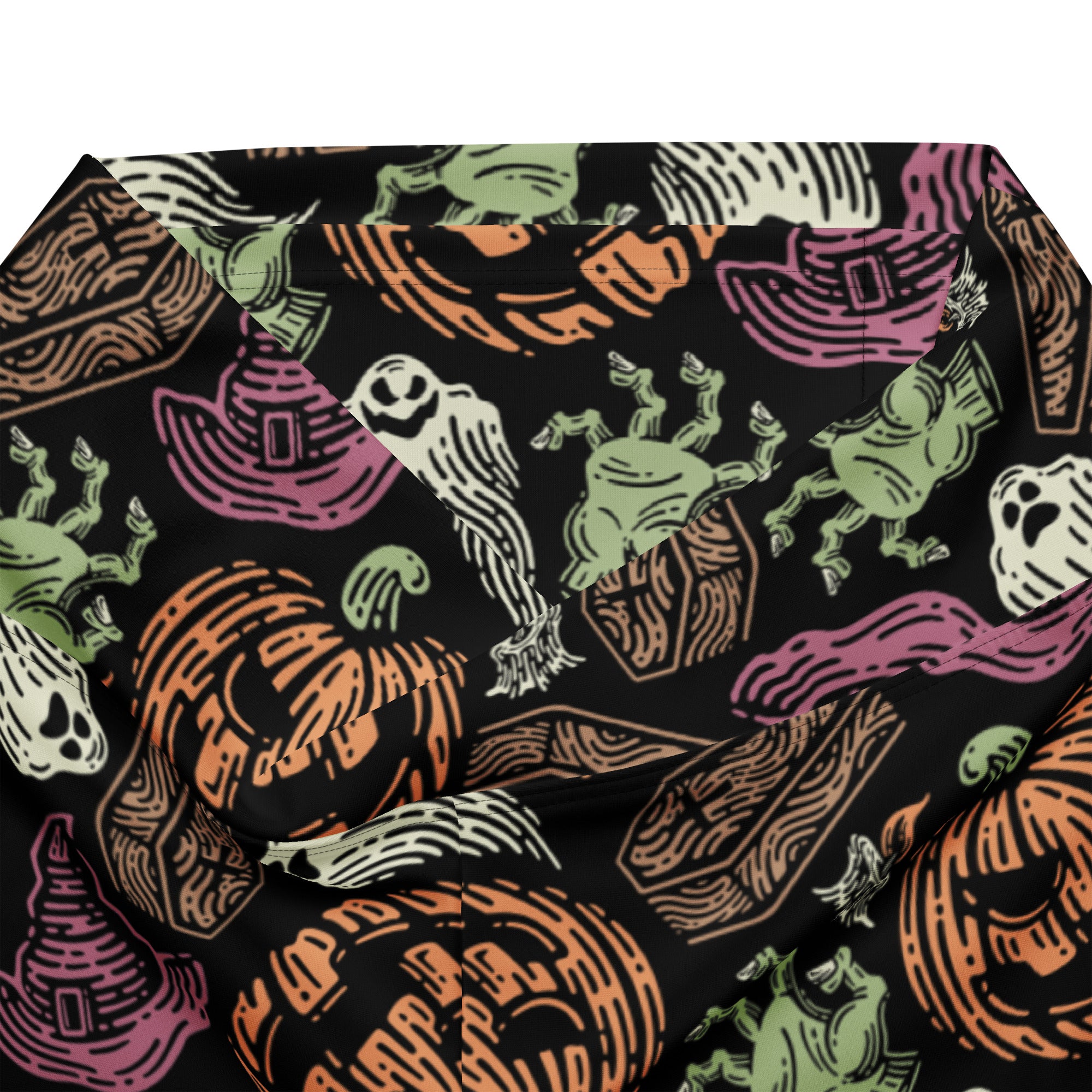Black fabric women’s creepy halloween high waist flare legging pants with orange pumpkins green ghosts pink witch hats and brown coffins pattern