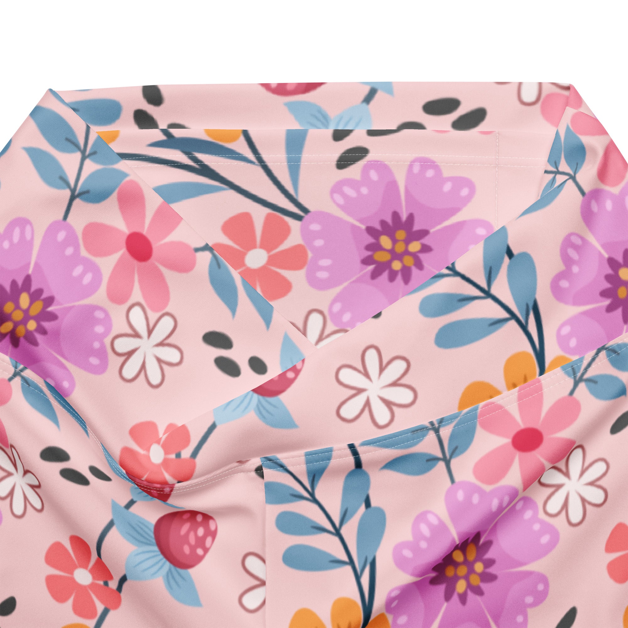 Women’s pink floral high waist flare legging pants with vibrant purple pink blue flowers and green leaves pattern