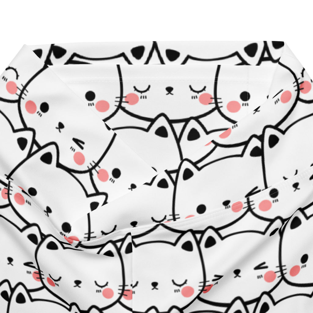 Women’s white high waist flare legging pants with cute black outlined cartoon cats and pink blush marks pattern