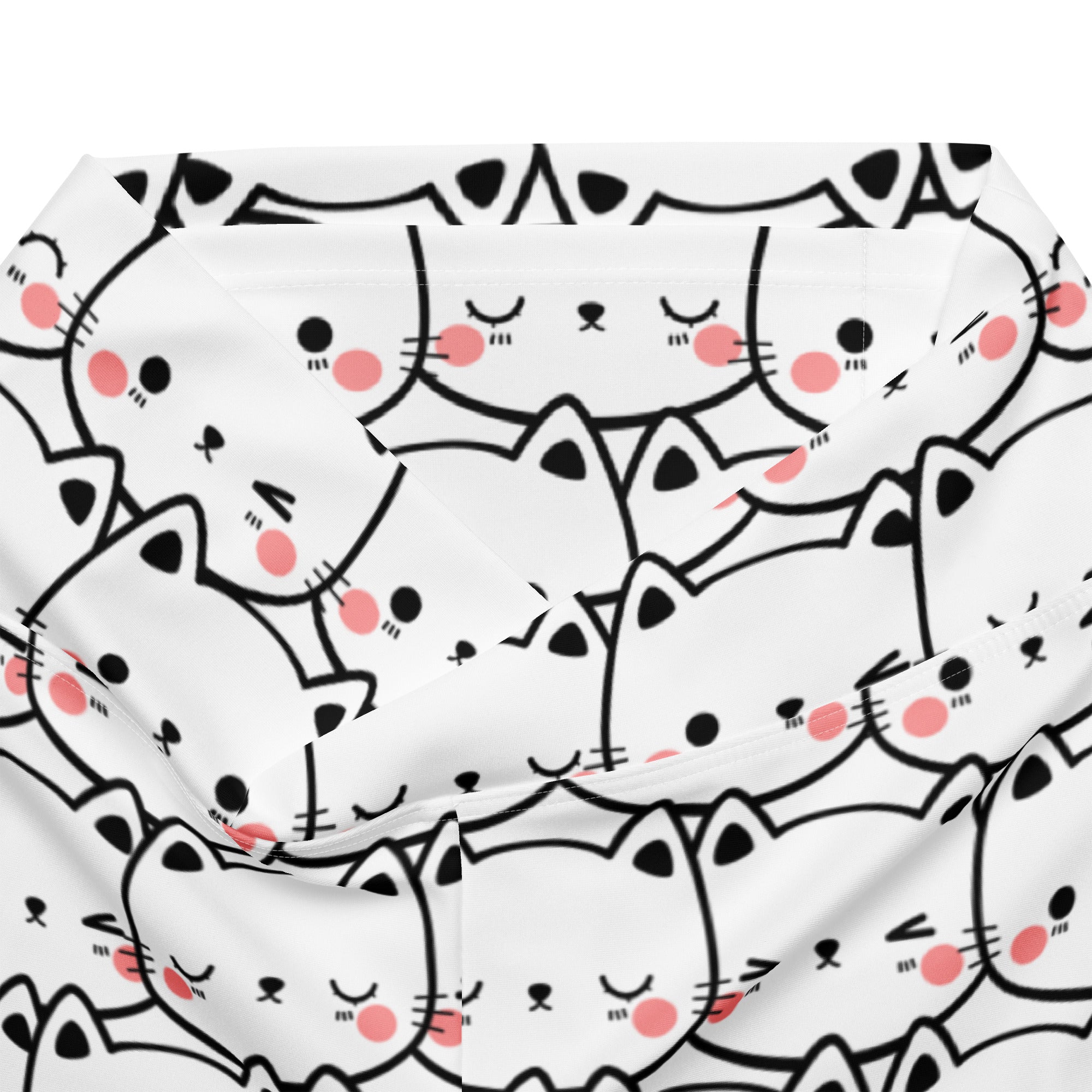 Women’s white high waist flare legging pants with cute black outlined cartoon cats and pink blush marks pattern