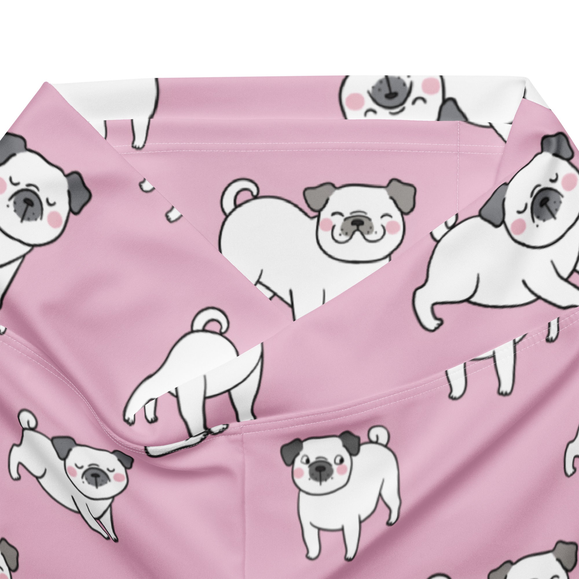 Women’s pink high waist flare legging pants with white and gray cartoon pug dog pattern on soft fabric
