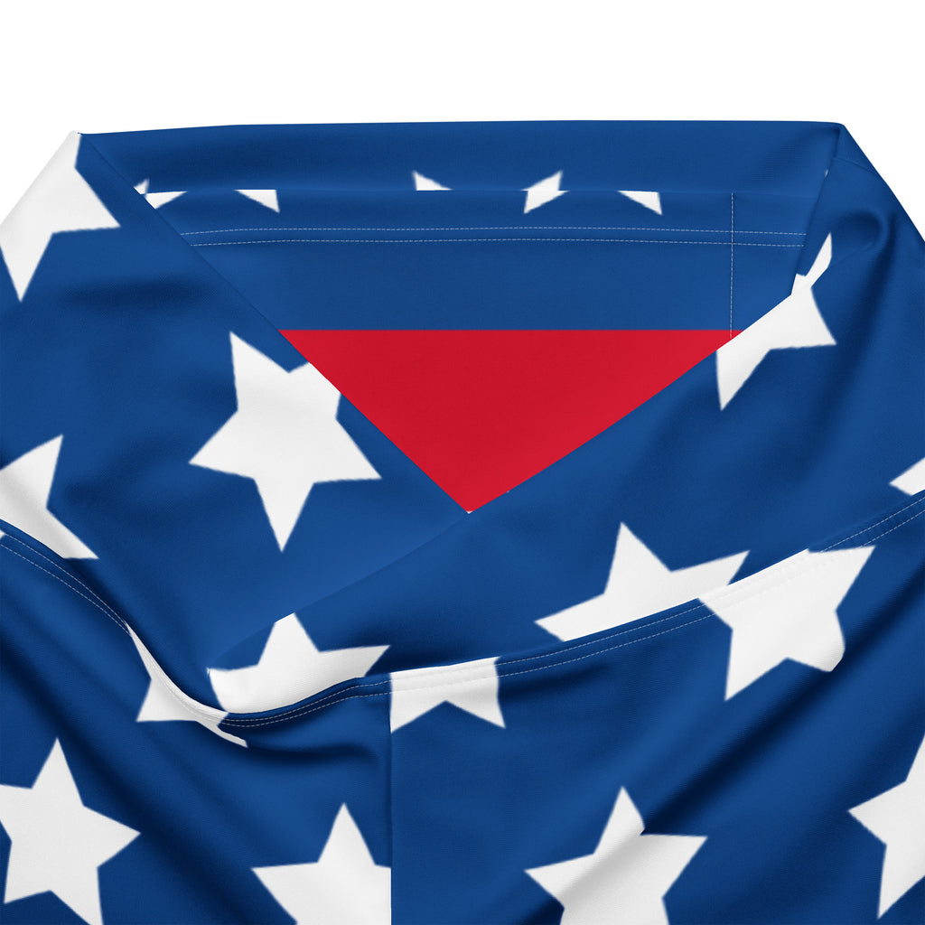 Women’s american flag high waist flare legging pants featuring a blue fabric bandana with white stars and red patch