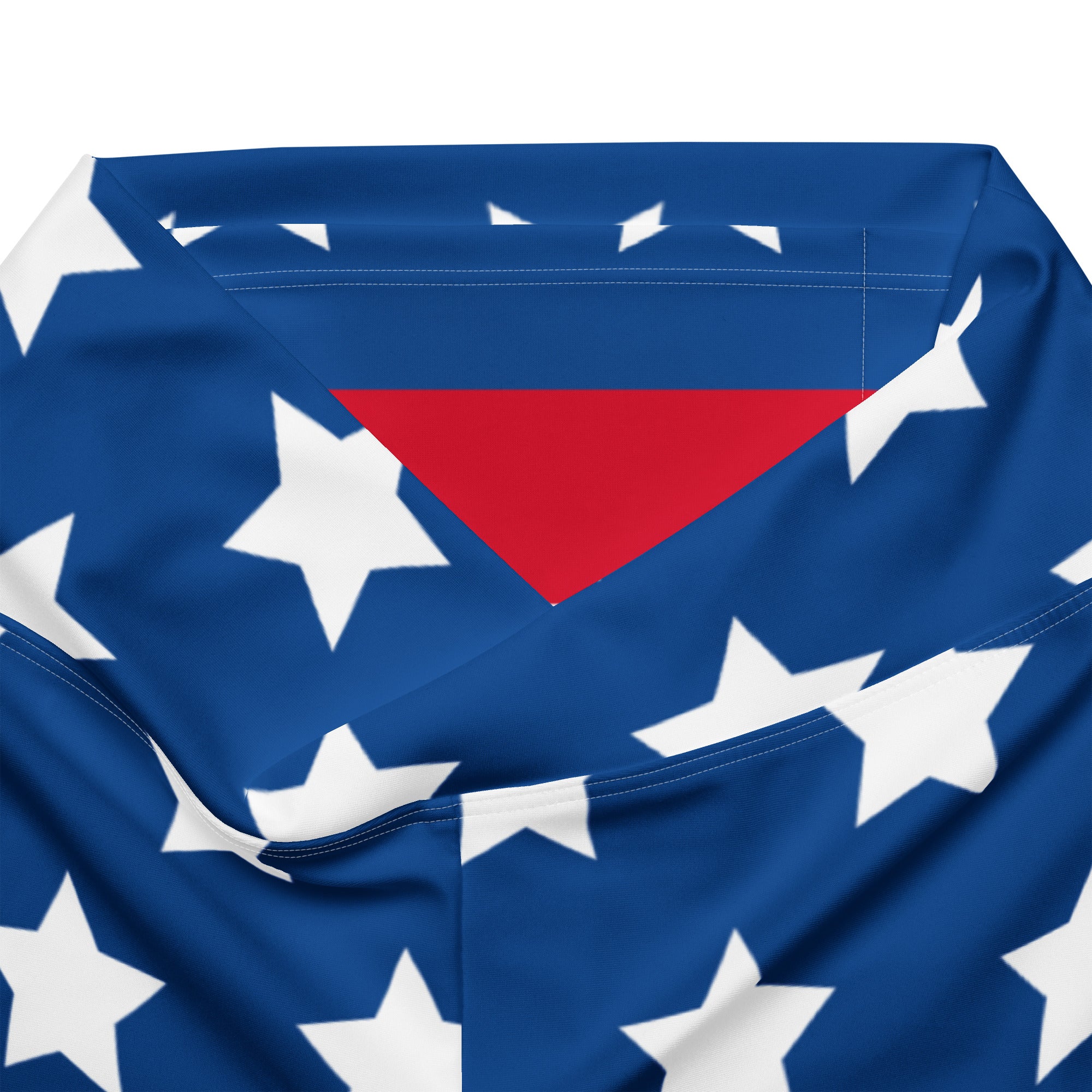 Women’s american flag high waist flare legging pants featuring a blue fabric bandana with white stars and red patch
