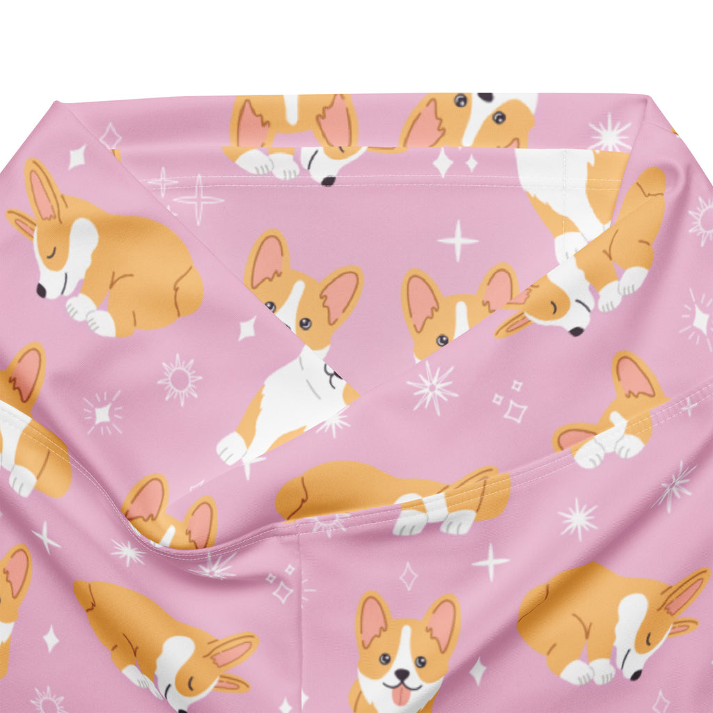 Women’s pink corgi dog high waist flare legging pants with playful cartoon corgi and white sparkle pattern