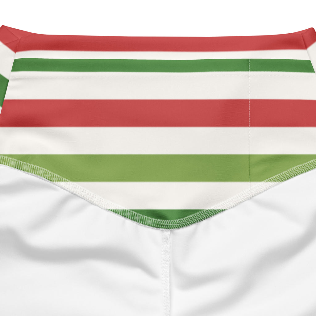 Red green and white horizontally striped high-waisted bikini bottom with elasticized waistband for women