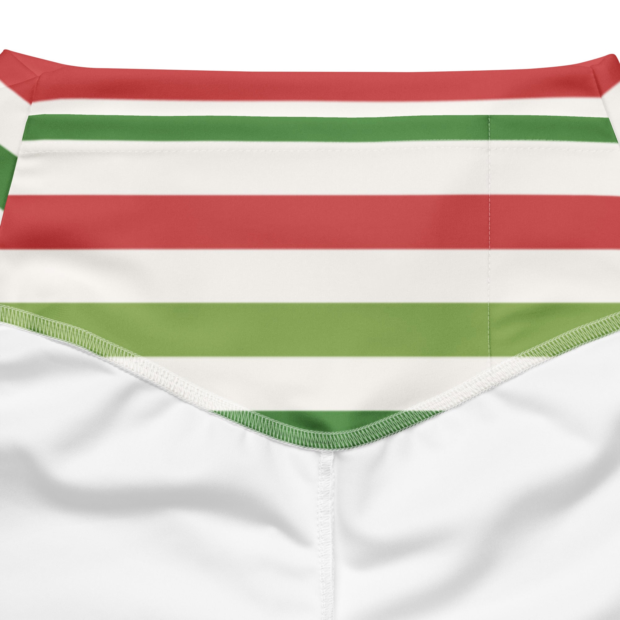Red green and white horizontally striped high-waisted bikini bottom with elasticized waistband for women