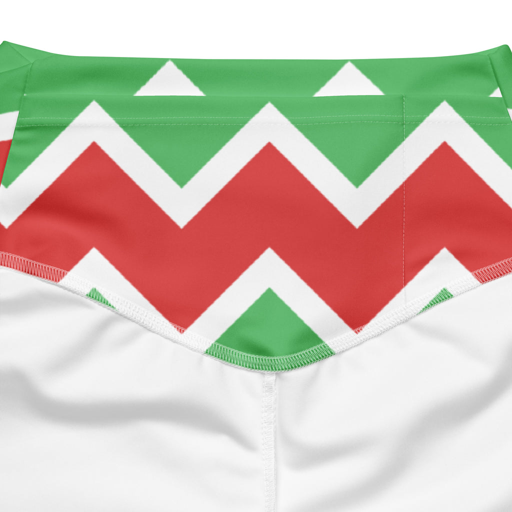 Women’s christmas chevron high waist flare legging pants in green and red chevron pattern with white accents