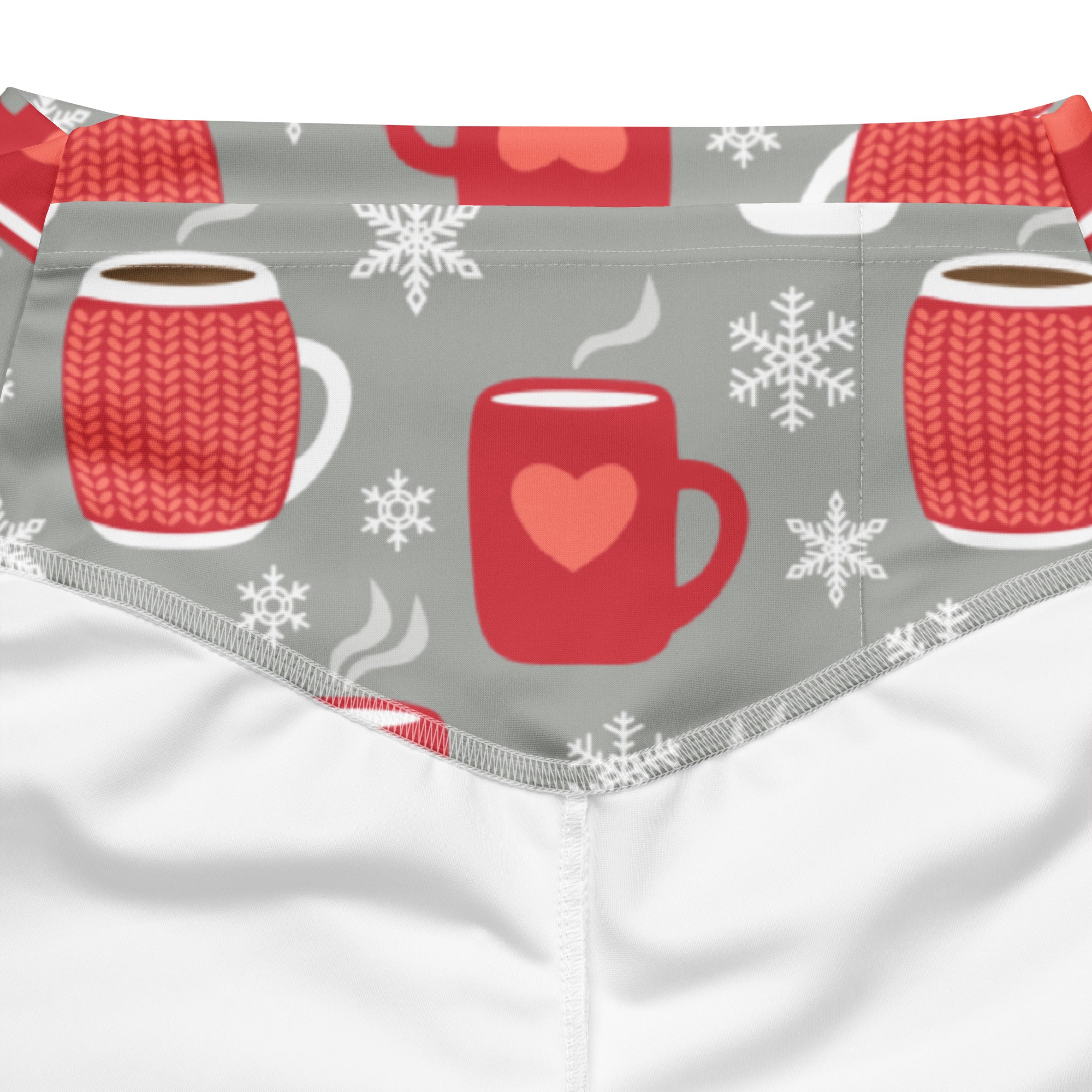 Women’s hot cocoa christmas high waist flare legging pants in gray fabric with red knitted mug and snowflake pattern
