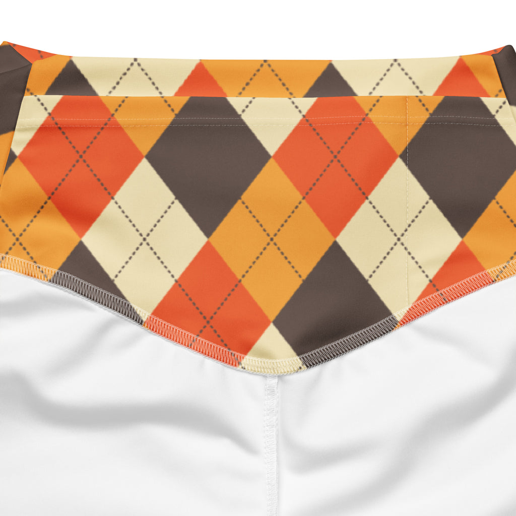 A vibrant orange brown and cream argyle fabric bandana with stitched edge for women’s fall high waist flare leggings