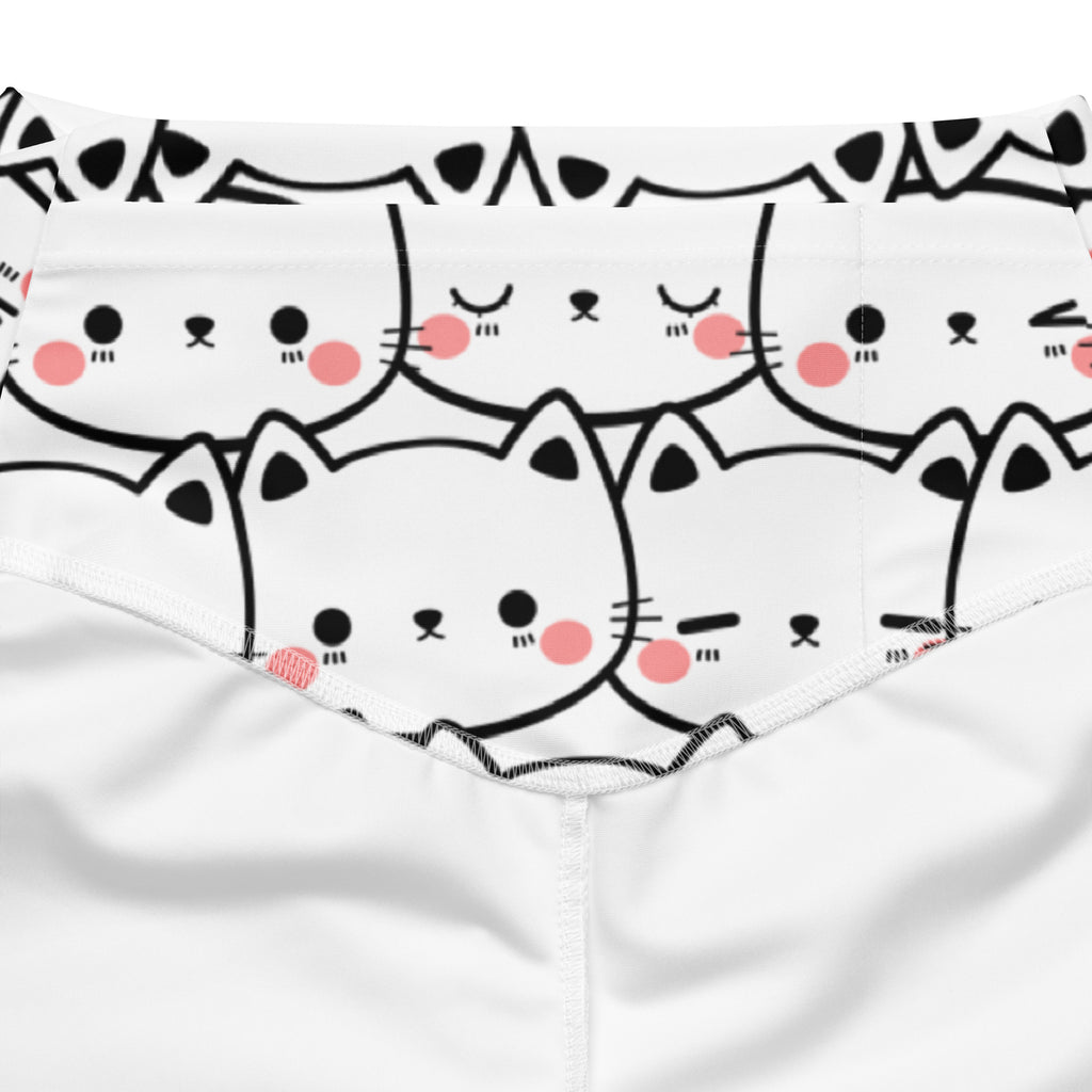 Women’s white high waist flare legging pants with black outlined cartoon cats and pink cheeks print