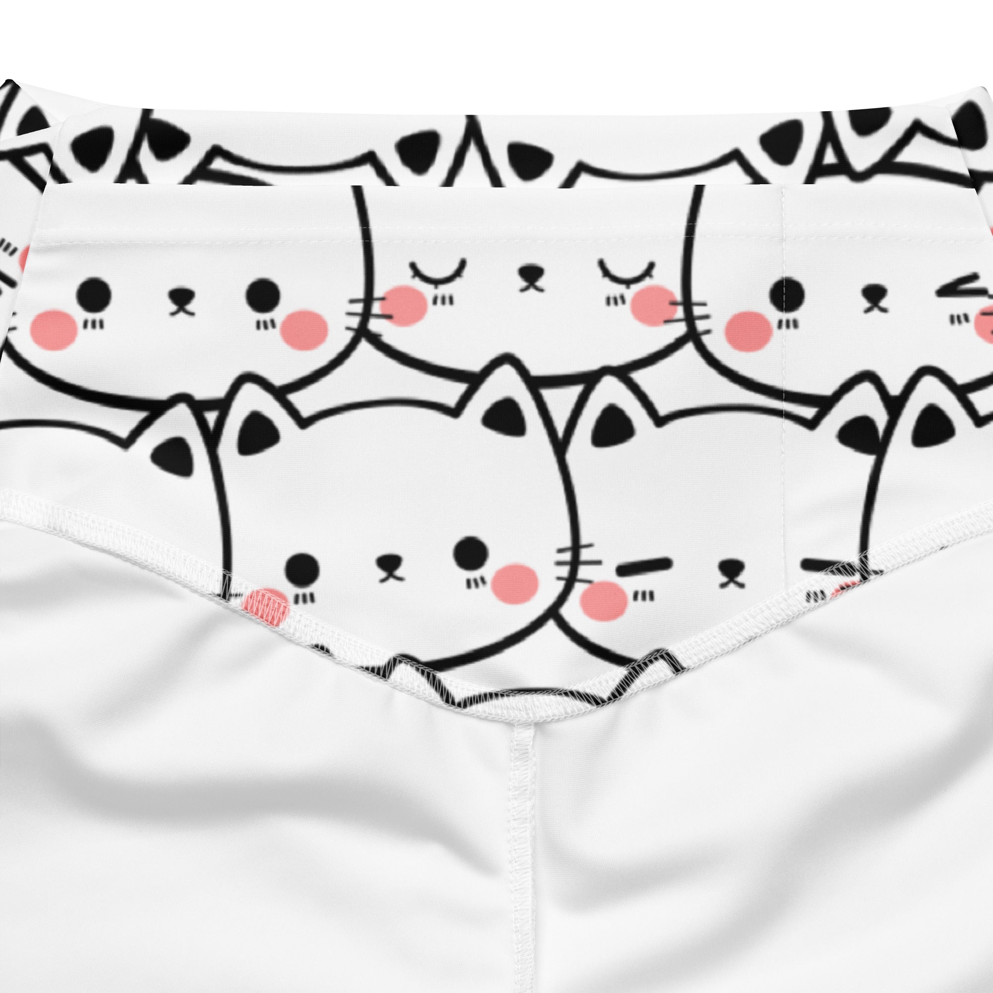 Women’s white high waist flare legging pants with black outlined cartoon cats and pink cheeks print