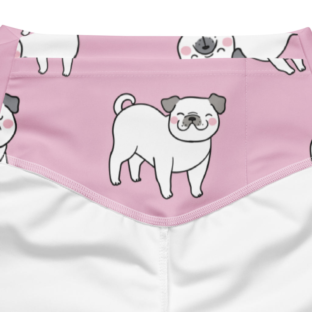 Women’s pink pug dog high waist flare legging pants with a soft fabric pink bandana featuring a cute cartoon pug