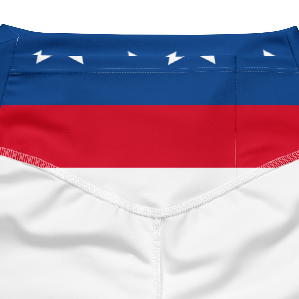 Women’s american flag high waist flare legging pants with blue red white bold stripes and lightning bolt waistband