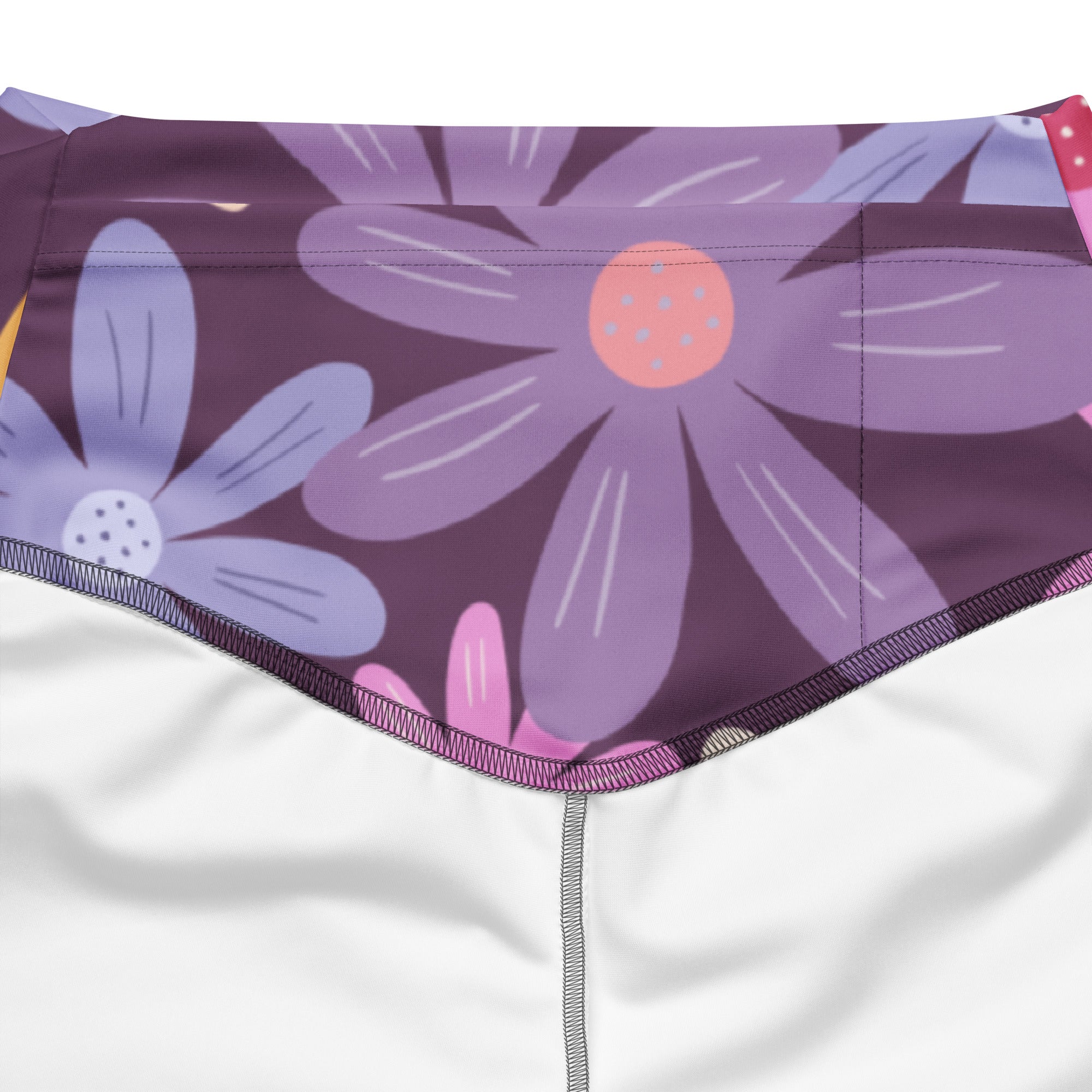 Women’s retro purple daisy high waist flare legging pants with dark purple base and lavender pink floral pattern