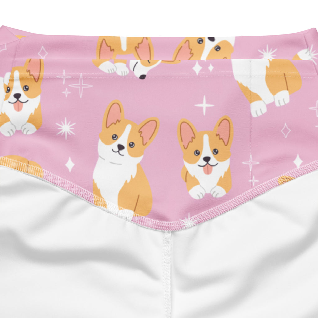 Women’s pink corgi dog high waist flare leggings with a playful pink bandana pattern featuring cartoon corgis and white sparkles