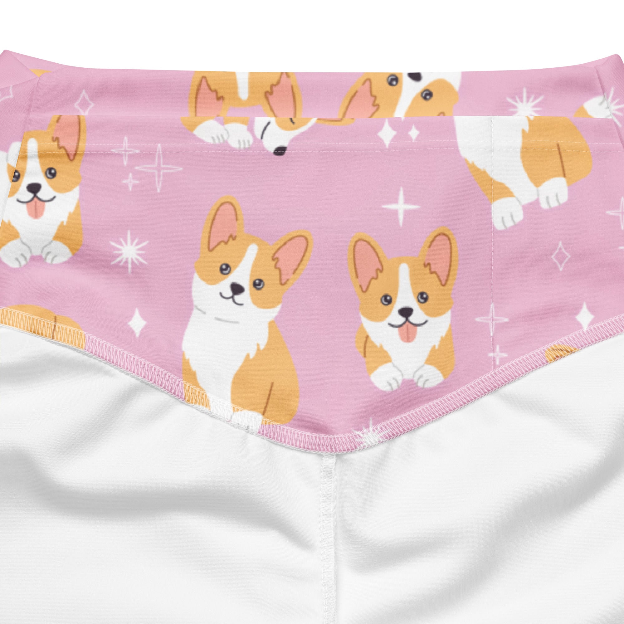 Women’s pink corgi dog high waist flare leggings with a playful pink bandana pattern featuring cartoon corgis and white sparkles