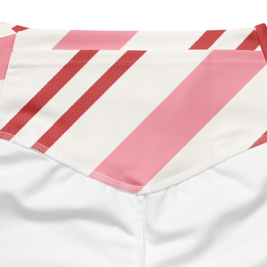 A white high-waisted bikini bottom with bold pink and red diagonal stripes for women