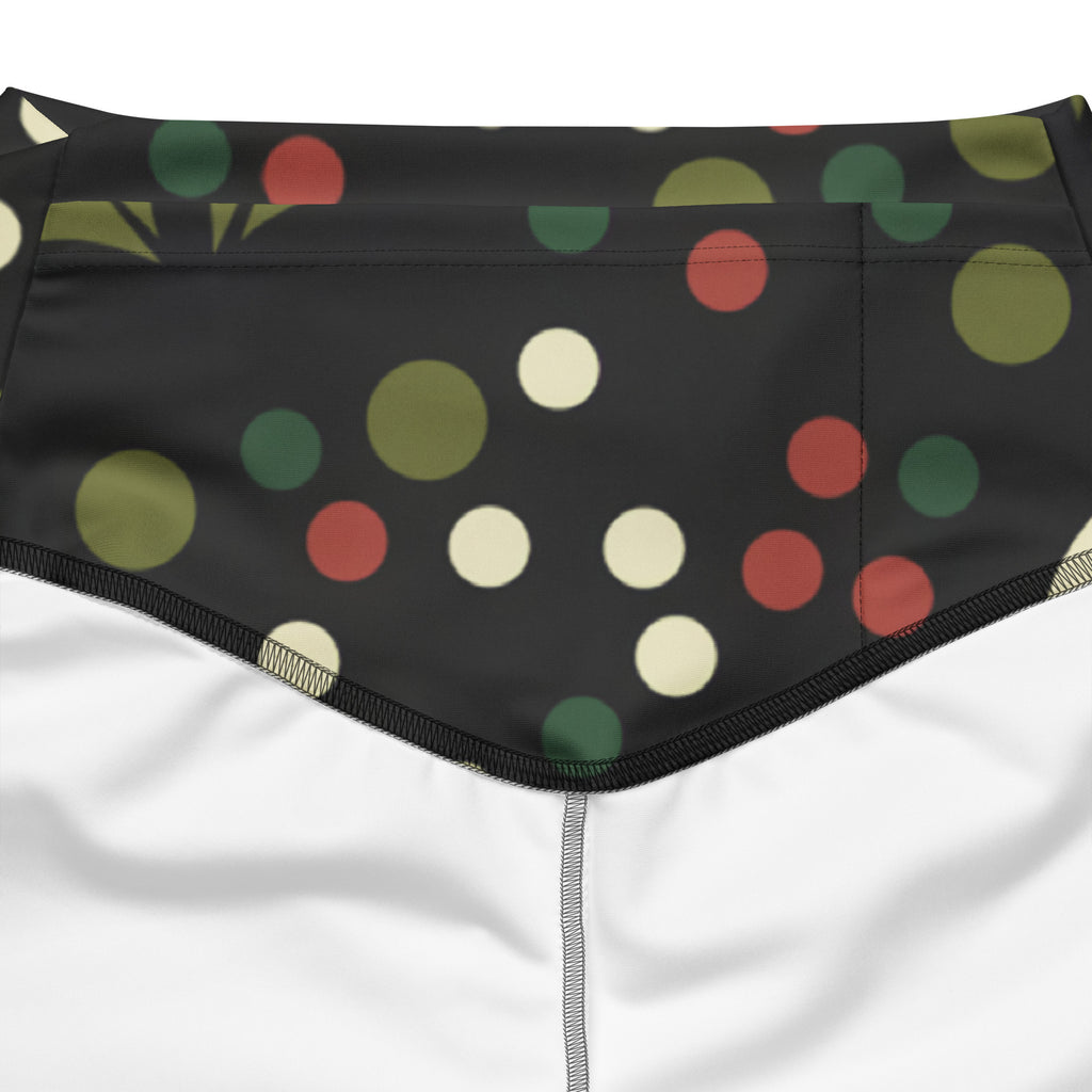 Black high-waisted bikini bottom with red green and cream polka dots from women’s holly print christmas flare leggings