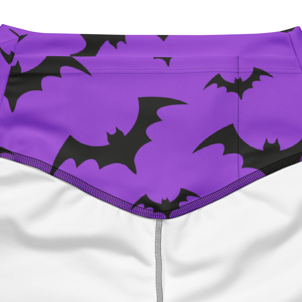 Women’s purple high waist bikini bottom with black bat silhouettes for halloween themed swimwear