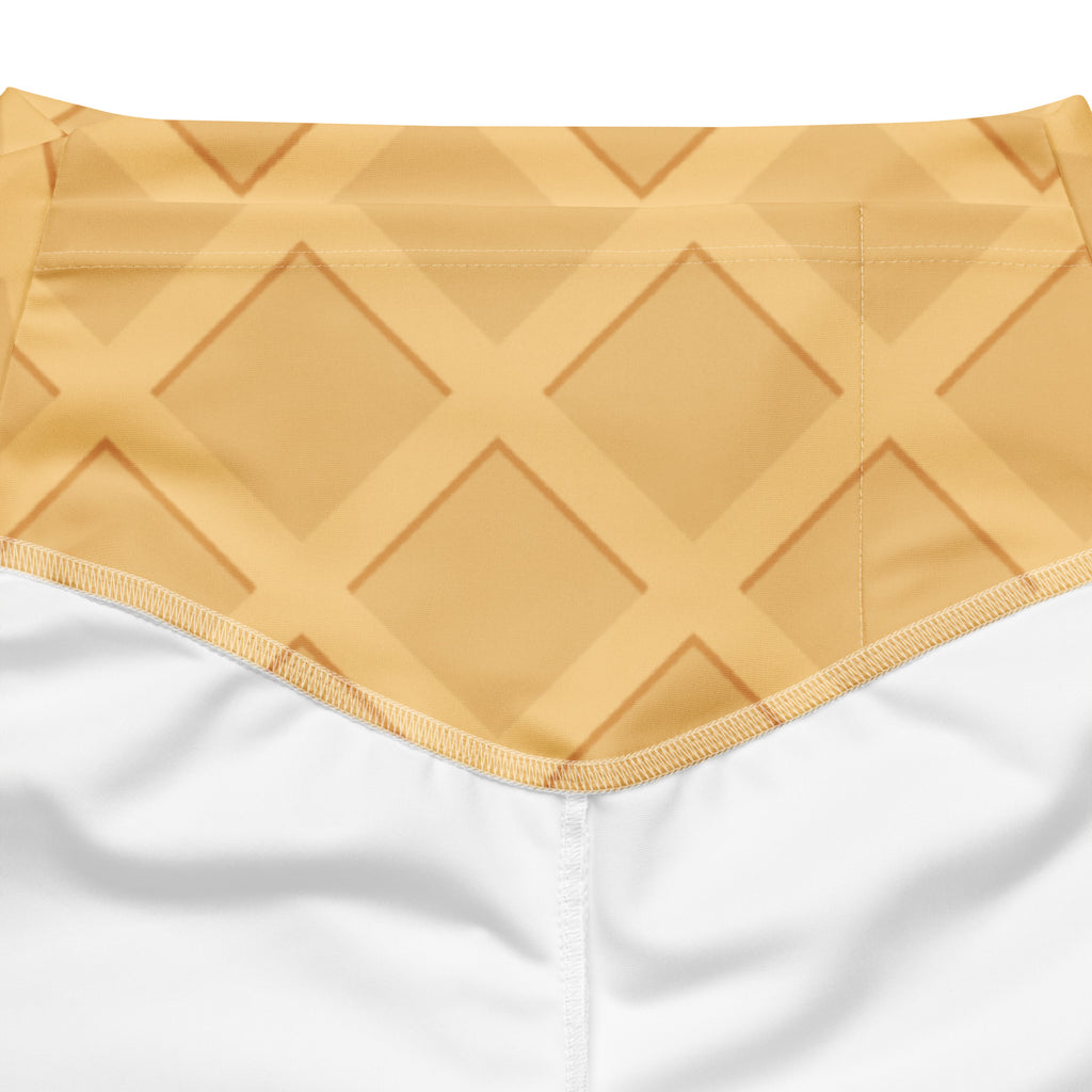 Women’s waffle cone high waist flare legging pants in beige fabric with geometric diamond pattern and stitched edges