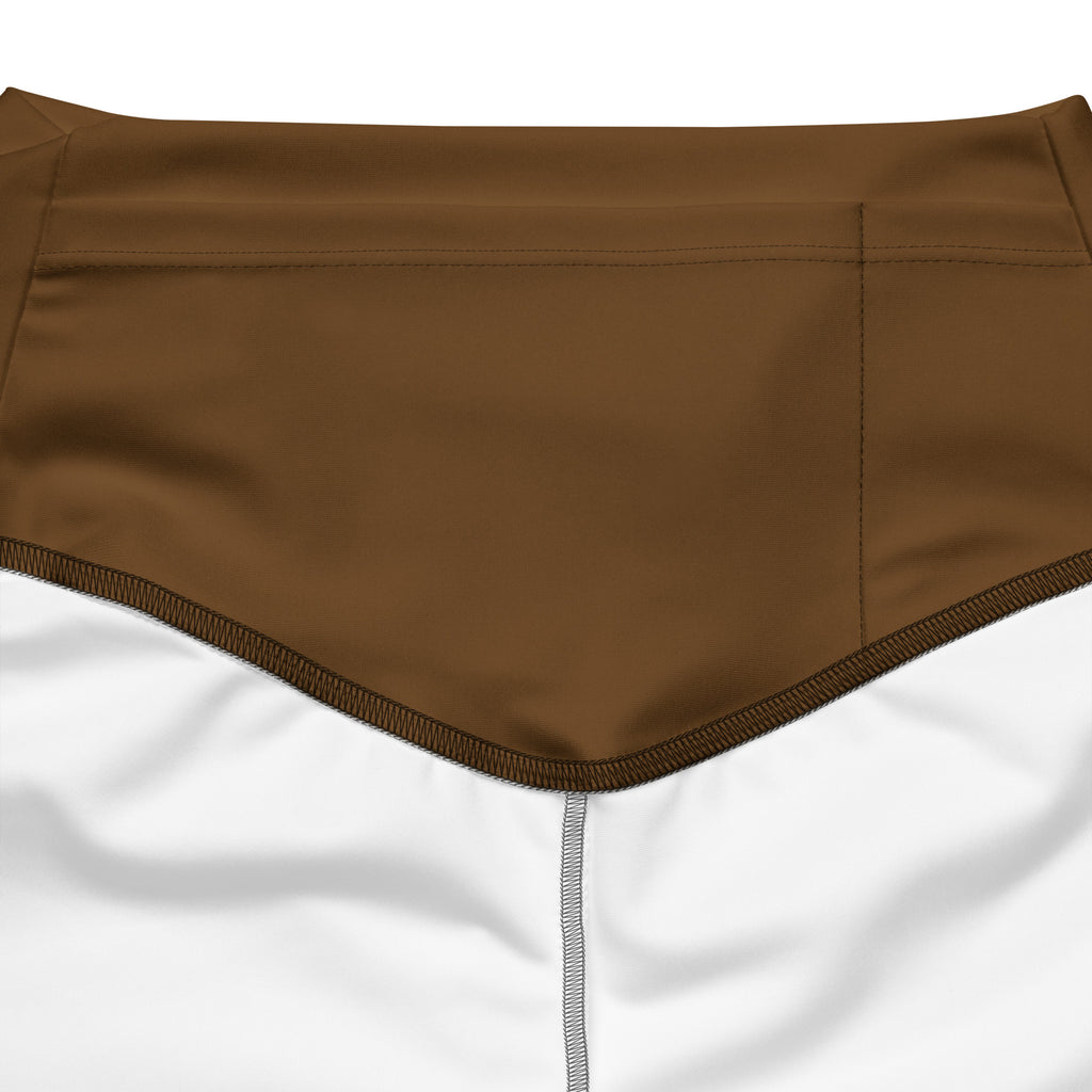 Women’s brown high waist flare legging pants with white athletic fabric, reinforced stitching, and subtle seam detail