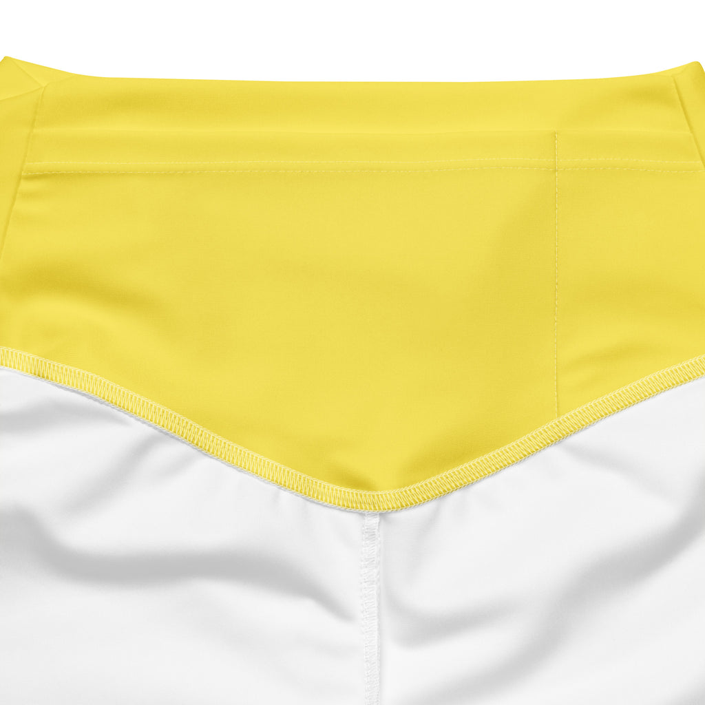 Bright yellow high-waisted bikini bottom with smooth stretchy fabric and clean white stitching along the hem