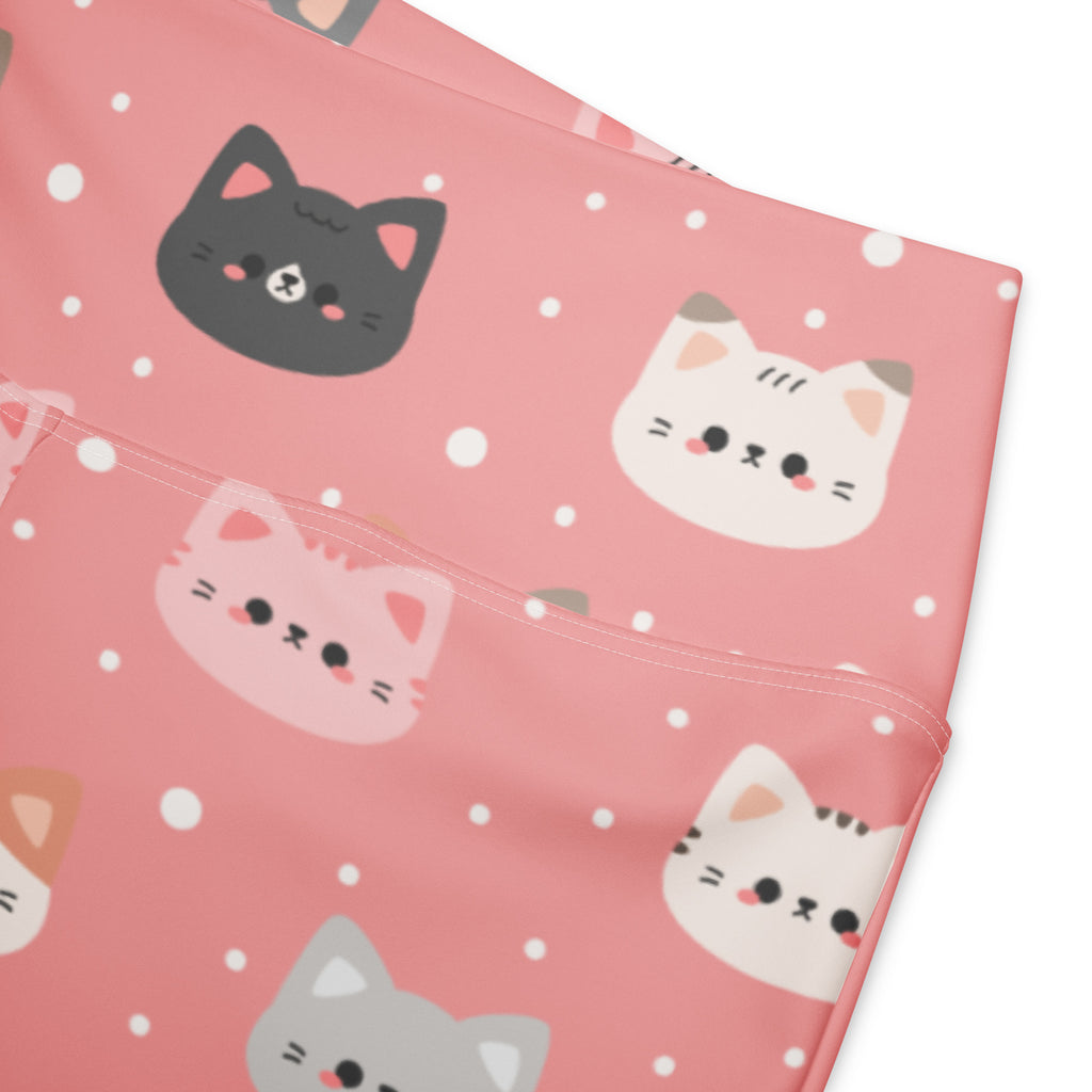 Women’s cute pink cat faces high waist flare leggings with black white pink and gray cartoon cats and white polka dots