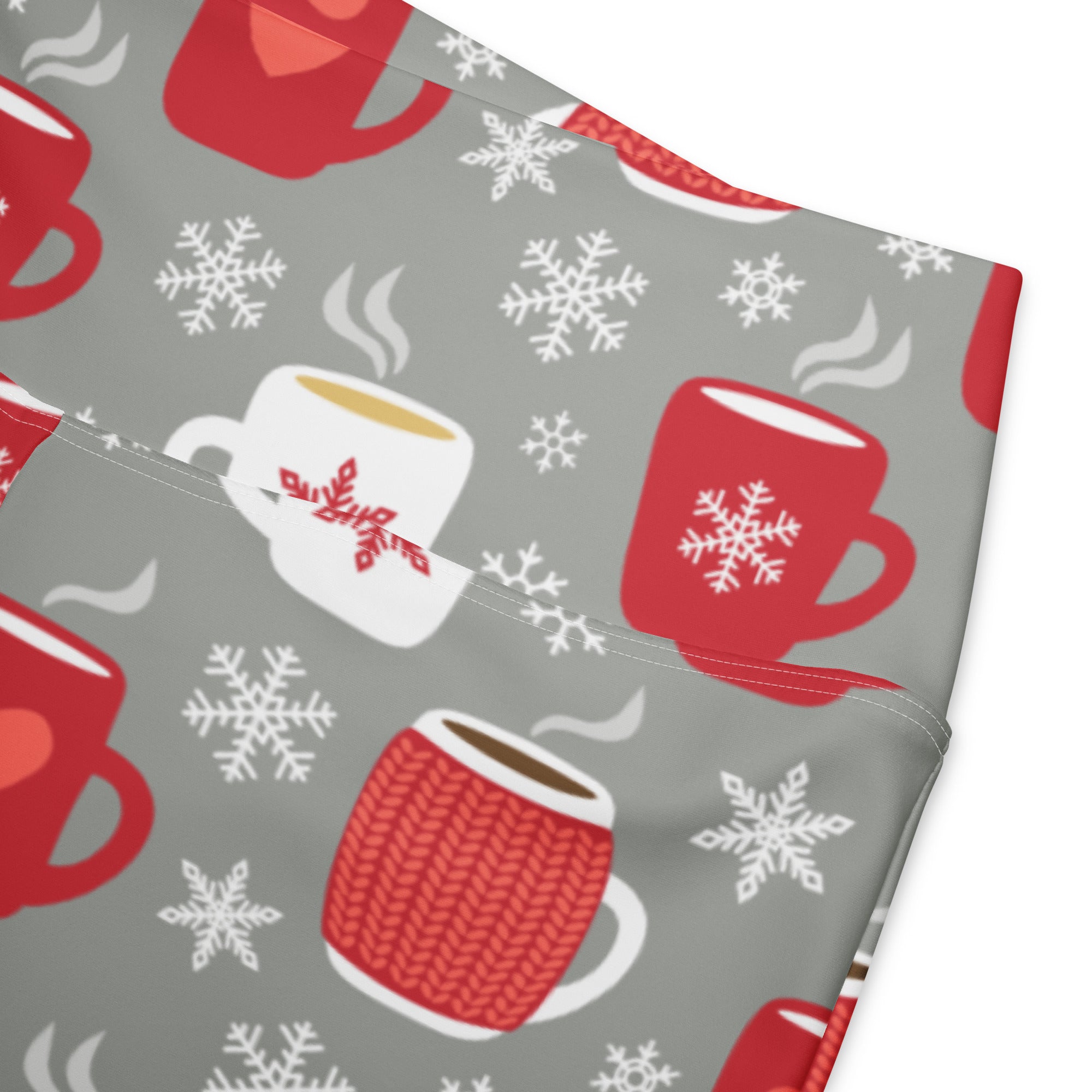 Gray women’s high waist flare leggings with red and white coffee mug snowflake pattern for hot cocoa Christmas wear