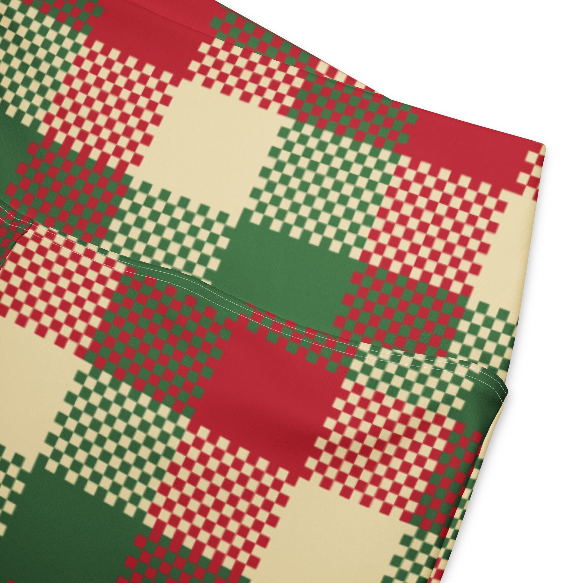 Women’s Christmas plaid high waist flare leggings in red green and cream pixelated fabric design