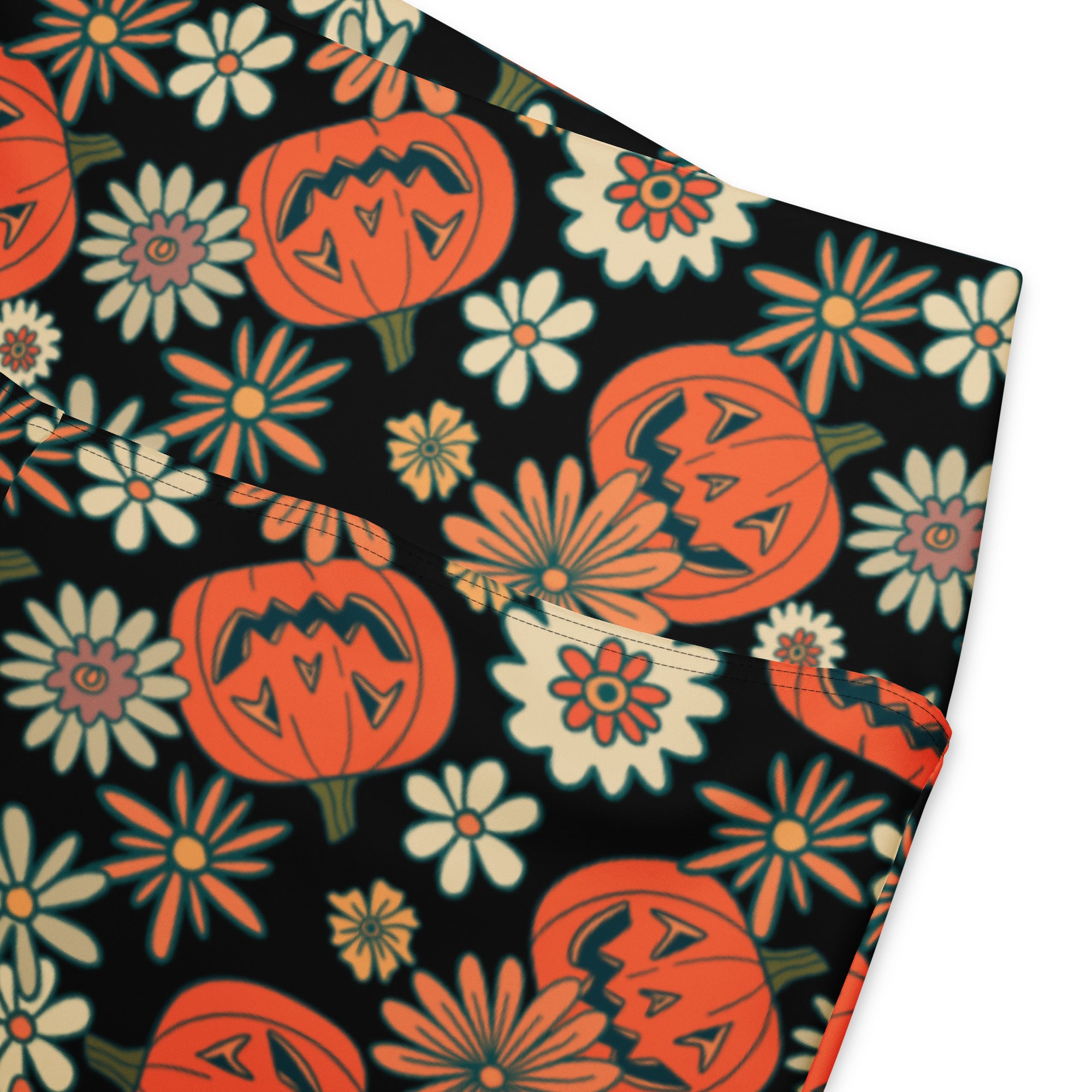 Women’s retro halloween high waist black leggings with orange jack-o’-lanterns and colorful white pink yellow daisies